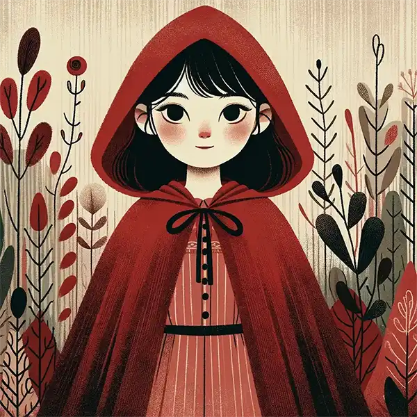 Illustration du Petit Chaperon Rouge dans la forêt, inspirée par les Éco-Contes