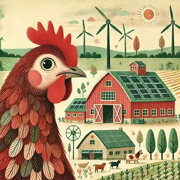 Illustration de la petite poule rousse devant une ferme écologique avec éoliennes et panneaux solaires