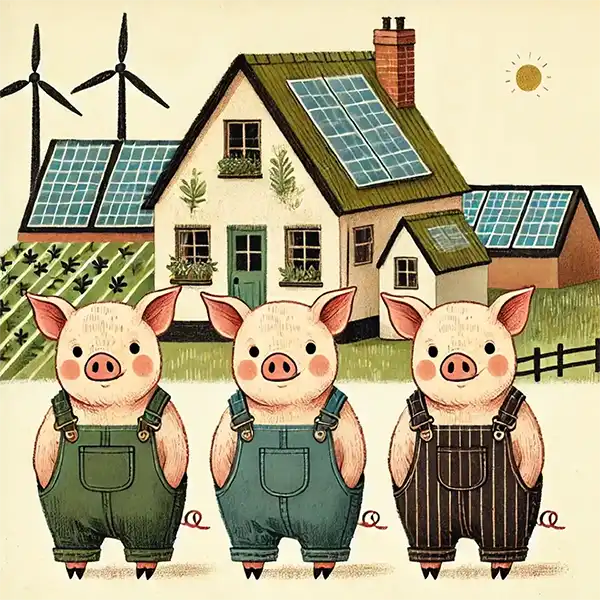 Illustration des trois petits cochons devant une maison durable avec panneaux solaires